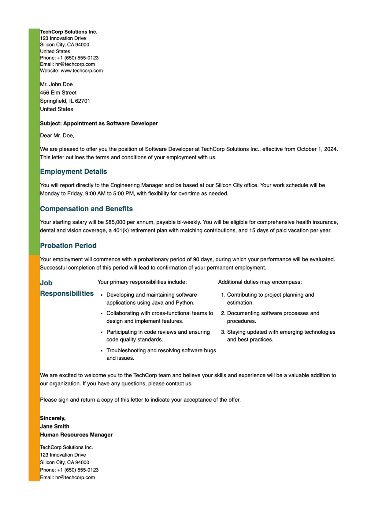 Sample appointment letter format template with placeholders for job details and compensation_variant_1